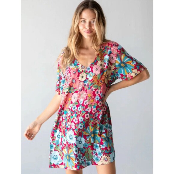 Natural Life Mini Dress Oversized Floral Print V Neck 100% Rayon Boho Sz L EUC - Picture 1 of 8